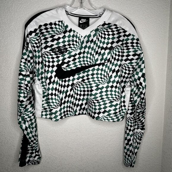Nike Shirt Womens Medium Green Black Checkered Loose Fit Cropped Long Sleeve - Picture 3 of 14